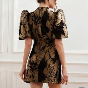 Elegant Black and Brown Puff Sleeve Short Dress